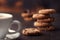 Coffee cup with chocolate cookies on dark old wooden table