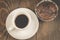 coffee cup and a chocolate muffin/coffee cup and a chocolate muffin on a dark wooden background. Top view