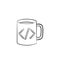 Coffee cup with code sign hand drawn outline doodle icon.