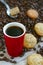 Coffee cup, coffee beans and cookies