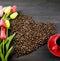 Coffee cup , Coffee beans and tulips