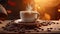 Coffee cup and coffee beans on a wooden table background