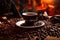 Coffee cup and coffee beans on wooden table. Warm morning dawn sun light commercial with bokeh background