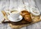 Coffee cup with croissant.Breakfast meal with fresh coffee and f