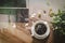 Coffee cup and Digital table dock smart keyboard,vase flower her