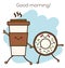 Coffee cup and donut holding hands. Cute kawaii smiling and friendly characters. good morning concept illustration