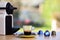 Coffee cup and espresso maker and capsules on blur background, Closeup view with details