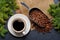 Coffee cup and fir tree branches in cozy setting