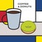 Coffee cup with glazed donut. Modern style art with rectangular colour blocks.