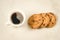 Coffee cup and homemade cookies with chocolate/Breakfast whith coffee cup and homemade cookies with chocolate on a marble