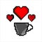 Coffee cup hot and steam heart with pixel art.