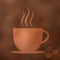 Coffee cup icon with steam, beans, blurred background.