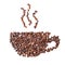 Coffee cup image made up of coffee beans on a white background