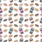 A coffee Cup with a lid and a glazed donut. Seamless pattern.