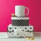 Coffee cup mock up with polka dots boxes and chocolate