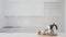 Coffee cup and Moka pot in wooden tray on white counter with blurred kitchen background