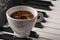 Coffee cup on piano keyboard