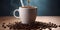 A Coffee cup is placed on a mound of coffee beans on a table