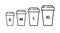 Coffee cup plastic size icon. Large small takeaway coffee cup vector line icon illustration sizes concept.