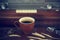 Coffee cup and retro radio background