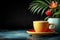 Coffee cup on a rustic table with tropical plants against dark background