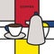 Coffee cup with saucer and coffee pot. Modern style art with rectangular colour blocks.