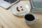 Coffee cup and smile on bread, made of strawberry jam