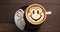 Coffee cup with a smiley face on it on background