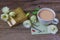 Coffee cup with spring flower lisianthus and notes good morning