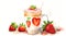 Coffee cup with straw, strawberries and whipped on top, watercolor illustration, centered, 4k, paper background, AI Generative