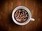 Coffee cup with time lettering, motivation quotes about time, awaking, right moment. Realistic black coffee on brown