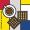Coffee cup with two square waffles. Modern style art with rectangular colour blocks.