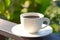 Coffee cup on wood balcony rail in blur green natural background