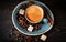 Coffee Cup on a wooden background, rustic, espresso with cinnamon sticks, star anise, blue coffee Cup, coffee beans on an old