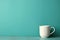 Coffee cup on wooden table against turquoise wall, AI