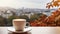 Coffee cup on the wooden table with blurred cityscape background Generative AI