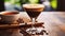 Coffee cup on wooden table, a frothy drink generated by AI