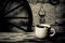 Coffee in cup on wooden table opposite defocused vintage background. Toned