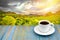 Coffee cup on the wooden table and the plantations background