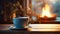 coffee cup on a wooden table on a table with steam billowing up,