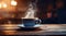 coffee cup on a wooden table on a table with steam billowing up,