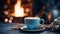 coffee cup on a wooden table on a table with steam billowing up,