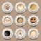 Coffee cups. Cappuccino latte americano top view of realistic hot morning drinks vector illustrations