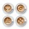 Coffee cups. Different realistic cappuccino drawings, top view porcelain pairs, hot drinks with foamed milk, latte and