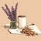 Coffee Cups And Lavender On Beige Background In Editorial Illustration Style