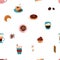 Coffee cups, mugs, glasses, and various sweet desserts seamless pattern