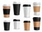 Coffee cups paper. Takeaway realistic cups white, black and brown container for latte espresso or cappuccino drinks