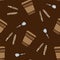 Coffee cups, spoons and sugar paper bags vector pattern in brown color