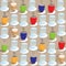 Coffee cups Tea Cups and Glasses of Water Seamless Repeat Pattern in Blue Red Green Yellow