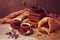 Coffee cups and vintage grinder with sackcloth over wooden background